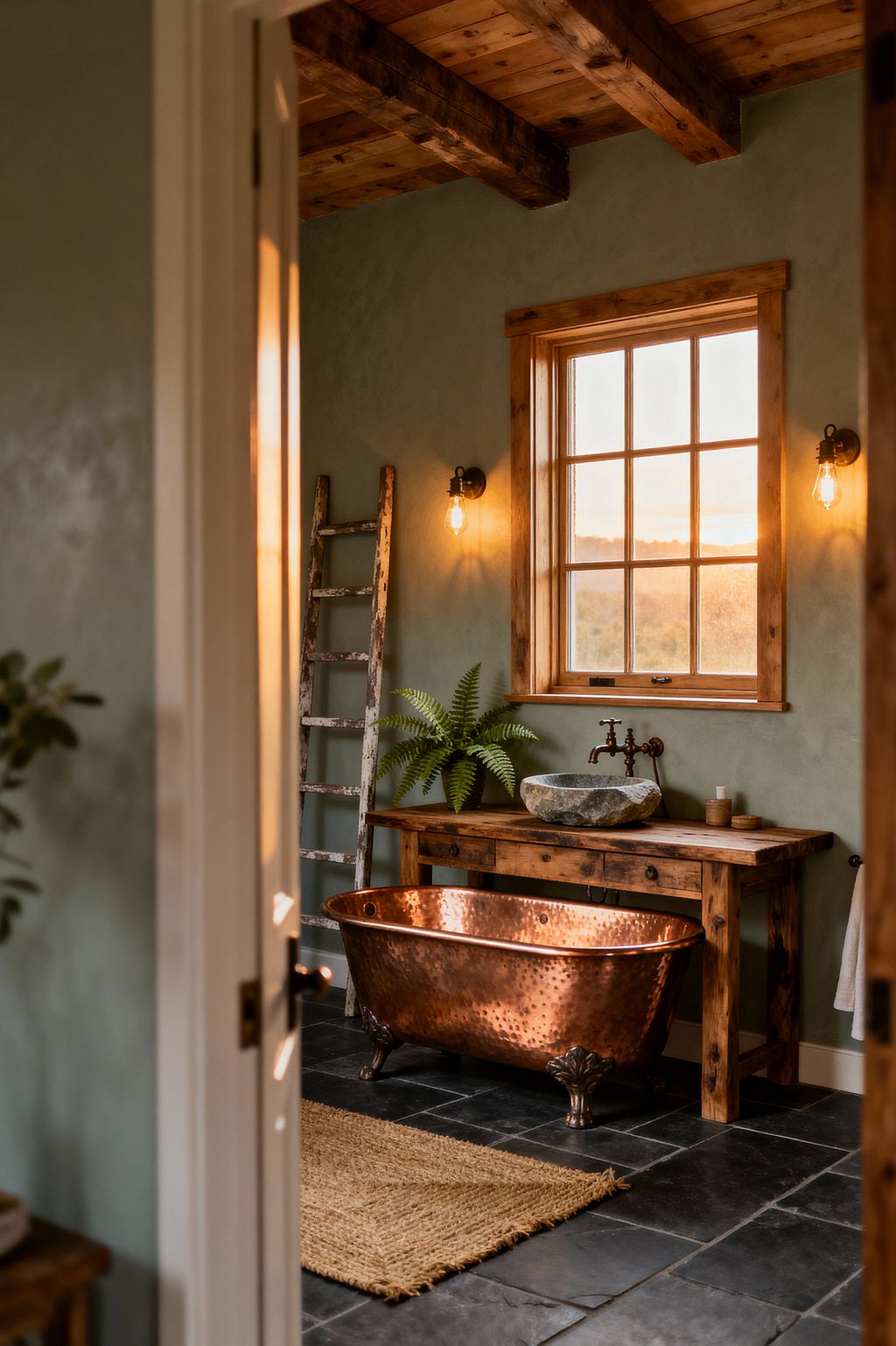 A cozy rustic bathroom seen through an open doorway features a hammered copper freestanding tub on dark slate tile. A reclaimed wood console holds a rough stone vessel sink beneath a wood-framed window, flanked by warm Edison-bulb sconces. Sage green plaster walls and an exposed timber ceiling add texture. A weathered wooden ladder leans against the wall, a fern sits on the console, and a woven jute rug softens the floor, creating a farmhouse-inspired atmosphere.