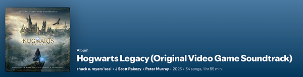 The image displays the album cover and details for the 'Hogwarts Legacy' video game soundtrack.