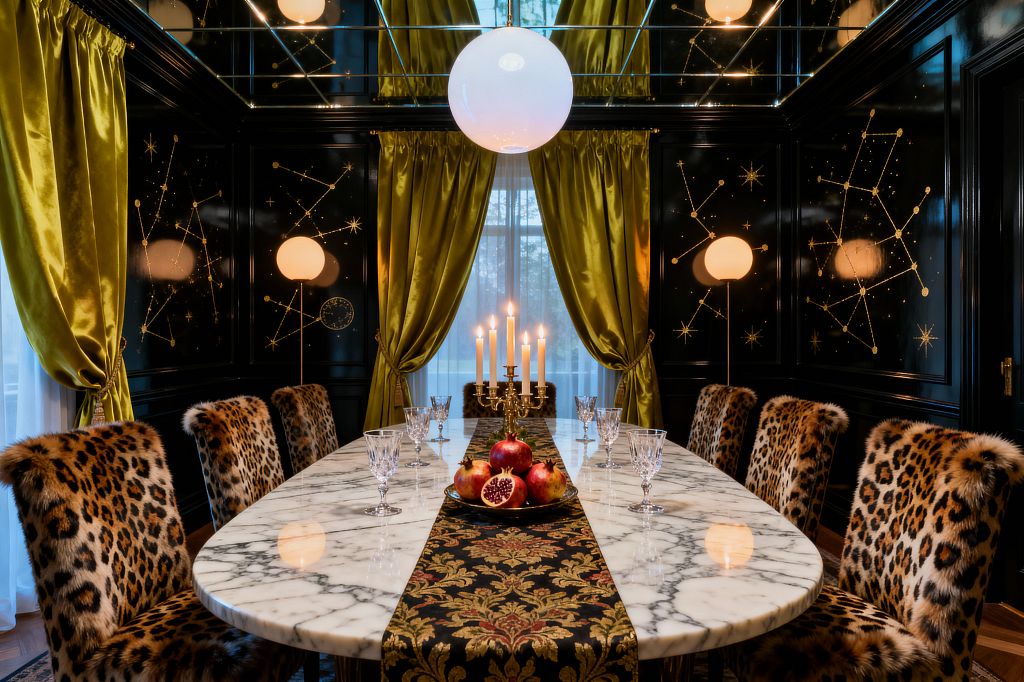 A maximalist dining room features an oval white marble table with a black-and-gold damask runner, crystal goblets, a brass candelabra, and pomegranates at the center, surrounded by eight leopard-print faux fur chairs. Glossy black lacquered paneling painted with gold constellations, chartreuse satin drapes over sheer curtains, a mirrored ceiling, and globe lighting bathe the space in warm reflections, creating a glamorous, theatrical atmosphere.