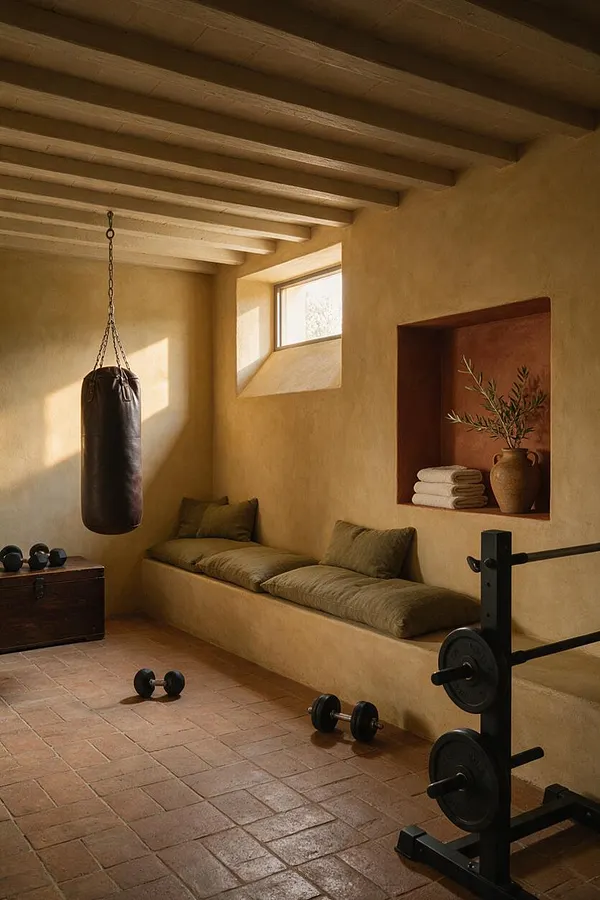 A cozy Mediterranean-style home gym with plaster walls, exposed ceiling beams, terracotta tile flooring, and warm sunlight from a small window. The room includes a hanging punching bag, dumbbells, a weight rack, and a built-in bench with olive-toned cushions and decorative pottery.