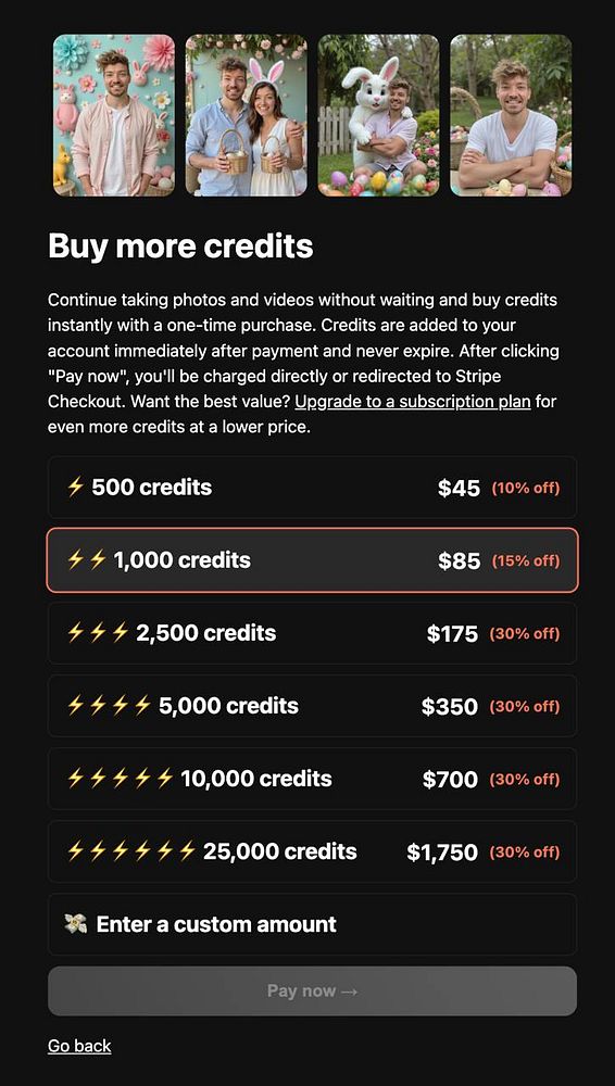 The image displays a credit purchasing interface with various options and pricing details.