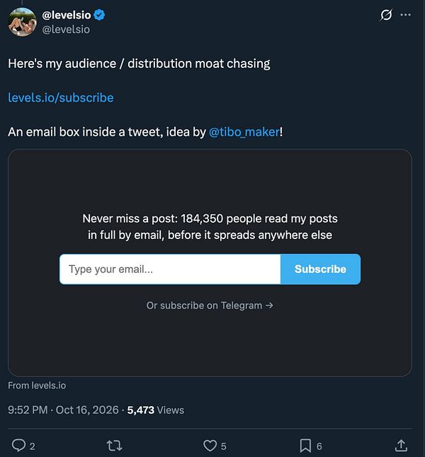 Tweet from @levelsio promoting an email subscription box embedded inside the tweet.