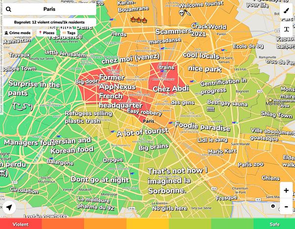 A colorful map of European cities with labeled markers indicating various data points including violent crime rates in Amsterdam.