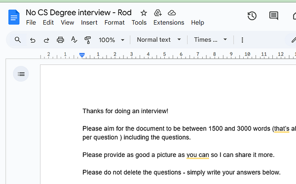 A Google Docs document titled 'No CS Degree interview - Rod' contains instructions for an interview follow-up.