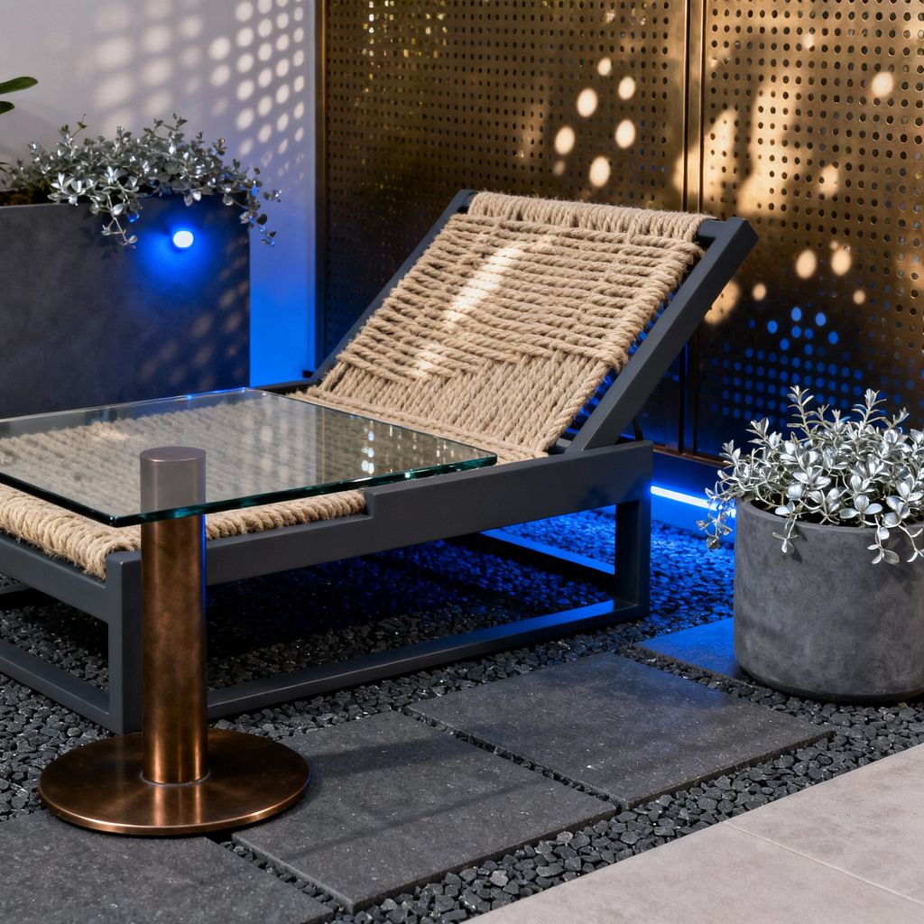 A modern patio vignette shows a low lounge chair with a thick woven rope seat in a charcoal metal frame beside a glass-topped side table on a brushed bronze pedestal. Charcoal concrete pavers sit in black gravel, with gray planters holding silver-leaf foliage. Behind, a perforated bronze screen casts warm light while blue LED accents wash the wall and floor, creating a crisp contrast of warm metal and cool glow.