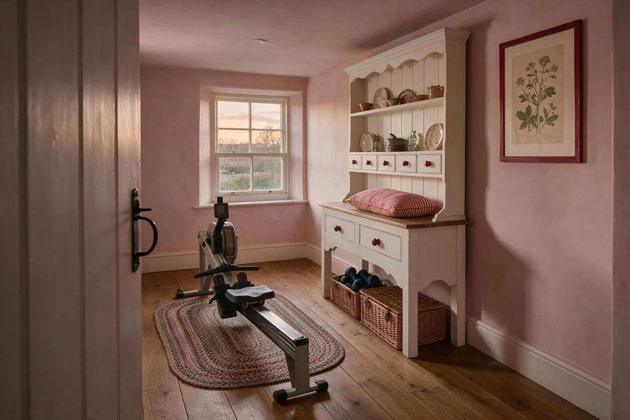 A small cottage-style home gym with pale pink walls, a wood floor, and a rowing machine placed on a woven rug near a window. A white hutch with decorative shelves, baskets, and soft red accents adds a charming, homey feel.