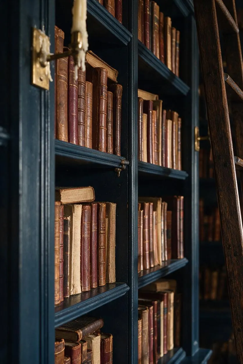 A close-up view of a dark navy built-in bookcase filled with rows of worn antique books in brown, tan, and burgundy leather bindings. A weathered wooden ladder stands at the right edge, and a brass hinge or latch appears in the foreground, adding to the old-world, scholarly atmosphere.