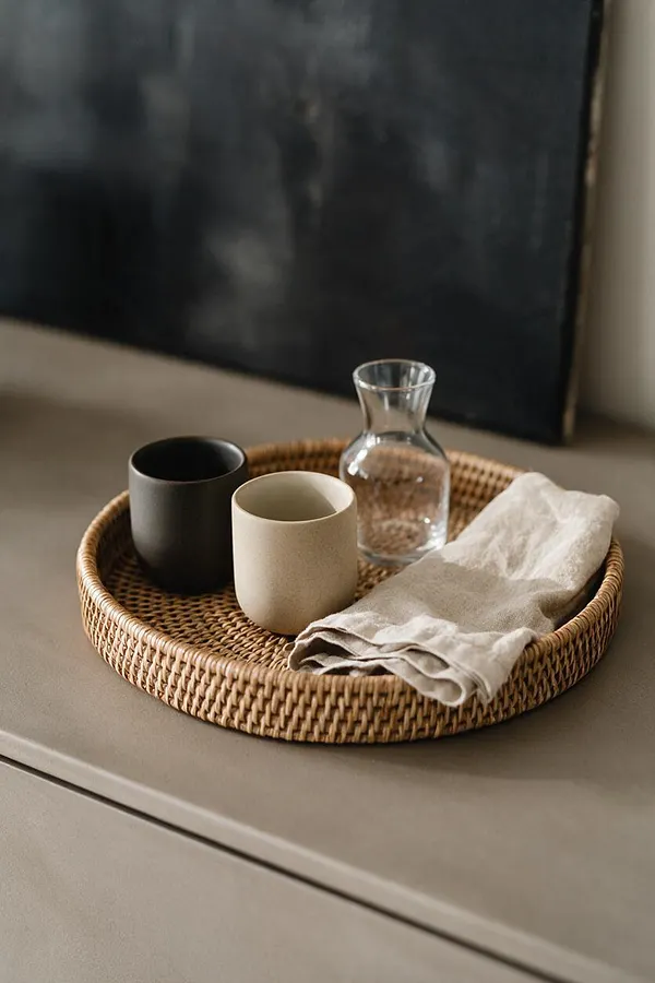 A round woven rattan tray sits on a taupe surface and holds a matte black cup, a cream ceramic cup, a clear glass carafe, and a folded linen napkin. The arrangement feels calm and understated, with soft neutral tones and natural textures.