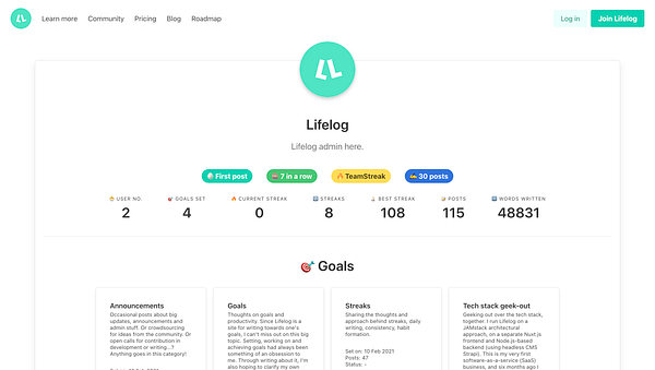 The image displays a user dashboard for the Lifelog platform, showcasing various statistics and goals.