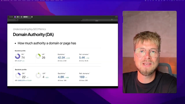 The image features a man discussing SEO metrics alongside a presentation slide on Domain Authority.