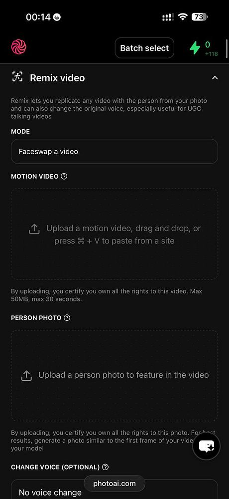 Screenshot of video editing software demonstrating AI-powered motion animation features with motion capture and mocap_mode toggle options.