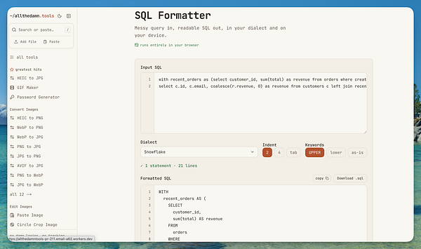 Web interface of an SQL Formatter tool that formats raw SQL queries into readable, well-indented SQL code with configurable dialect and keyword casing.