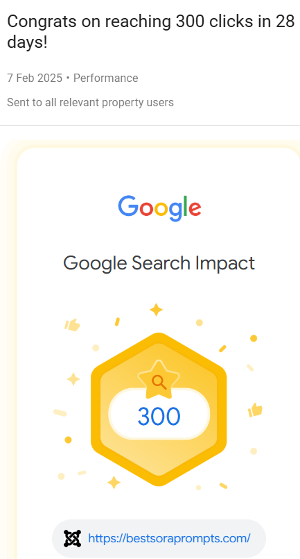 The image displays a congratulatory notification from Google regarding achieving 300 clicks in 28 days.