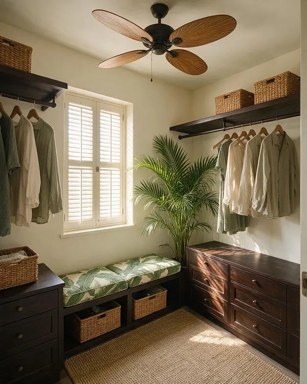 A compact tropical-style closet with dark wood built-ins, open hanging shelves, woven storage baskets, and a bench with palm leaf upholstery beneath a window with white shutters. A large potted palm and a woven natural rug add warmth and a relaxed resort feel.