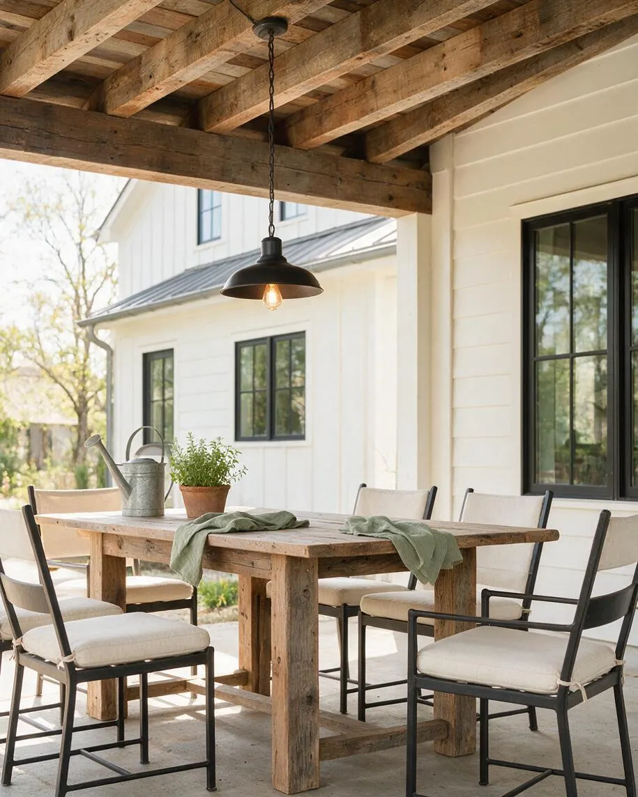 An outdoor farmhouse dining area features a heavy reclaimed wood table surrounded by black metal chairs with cream cushions. Above, exposed wood ceiling beams and a single black pendant light add warmth, while white siding, black-framed windows, and soft green accents create a bright, relaxed setting.