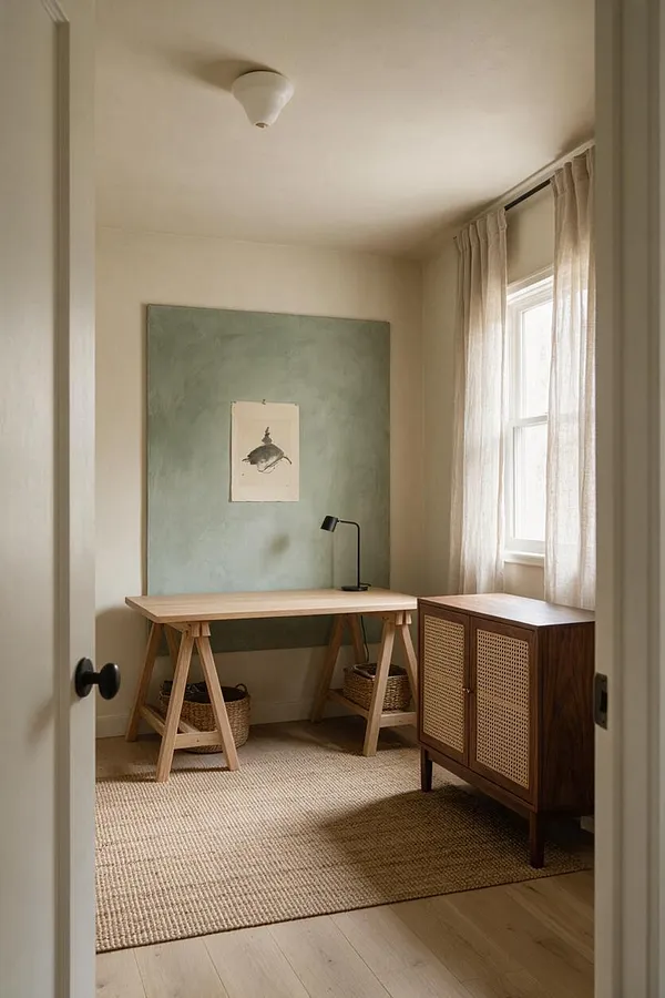 A calm home office with a light wood trestle desk centered against a soft sage-green accent wall, topped by a small black task lamp and a minimal artwork. Sheer curtains filter daylight beside a window, while a warm walnut cabinet with cane-front doors and a woven jute rug add natural texture.