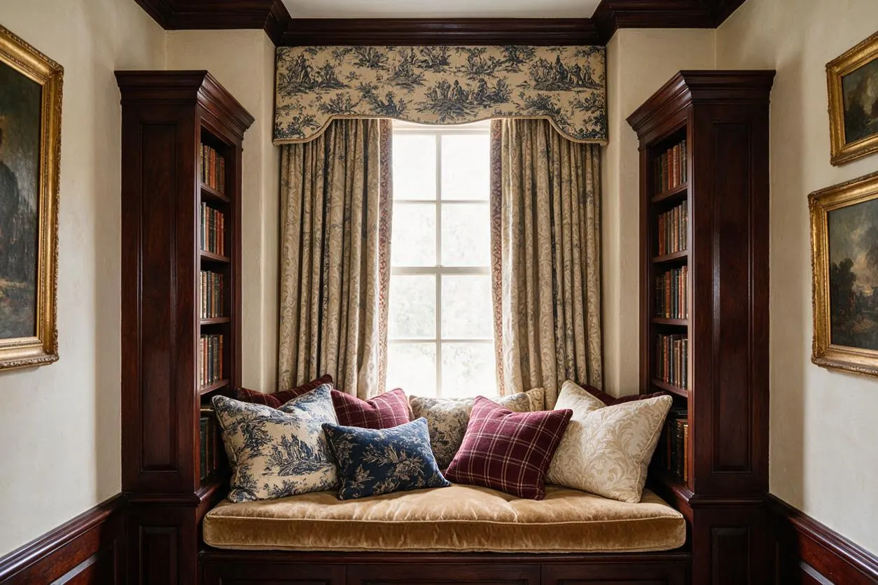 A traditional window seat nook framed by dark wood built-in bookshelves and cream walls. Patterned drapery, a floral valance, and layered decorative pillows create a cozy reading corner with a warm, classic feel.