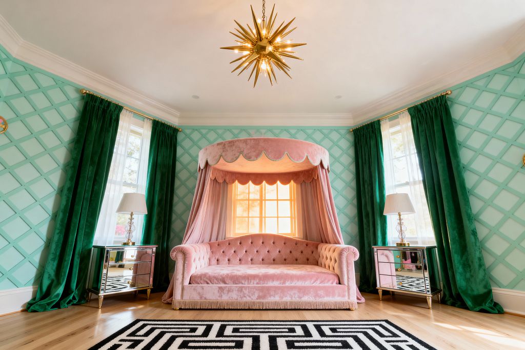 A glamorous kids' room features a blush pink tufted velvet daybed beneath a scalloped canopy with fringe, centered against mint green lattice walls. Floor-to-ceiling emerald velvet curtains frame tall windows, a brass starburst chandelier hangs overhead, mirrored nightstands hold crystal lamps with white shades, a black-and-white maze rug anchors the pale wood floor, and gold hardware adds sparkle in the sunlit space.
