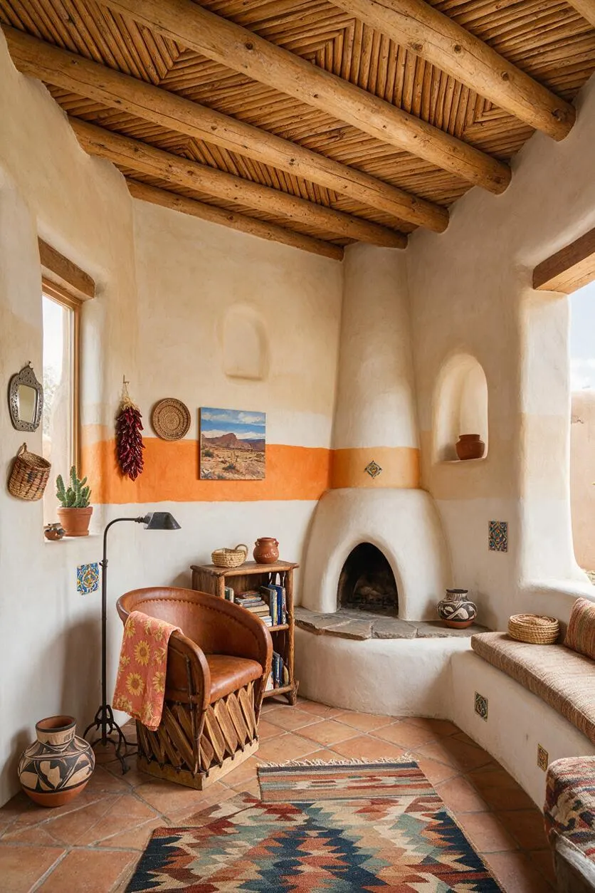 A Southwestern-style front porch with smooth adobe walls, exposed log beams, and a curved built-in fireplace. The space includes terracotta tile flooring, a leather chair, a woven rug, a cushioned bench, and decorative pottery and wall accents in warm earth tones.