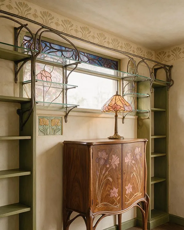 A Game Room in Art Nouveau style featuring built-in green shelving around a window with stained glass details, a carved wooden cabinet with floral inlay, and a small table lamp with a pink floral glass shade. The room uses soft beige walls, curved organic forms, and warm wood tones for an elegant, period-inspired look.