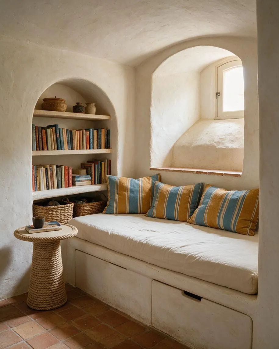 A cozy Mediterranean-style basement reading nook with curved plaster walls, built-in arched shelving filled with books and pottery, and a cushioned bench under a small window. The space features striped throw pillows, a rope-wrapped side table, and terracotta floor tiles in warm earthy tones.