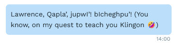 A chat message in a lighthearted tone discussing a Klingon lesson.