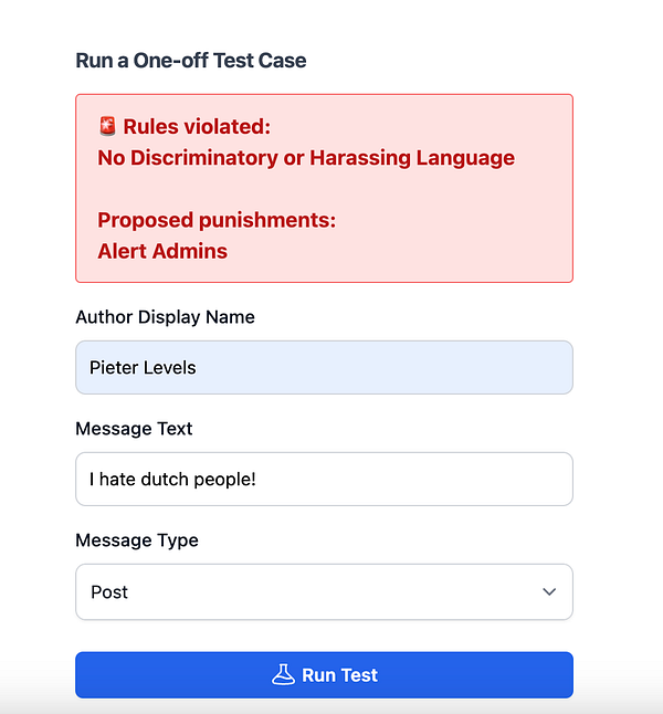 The image displays a user interface for running a test case with an error message regarding rule violations.