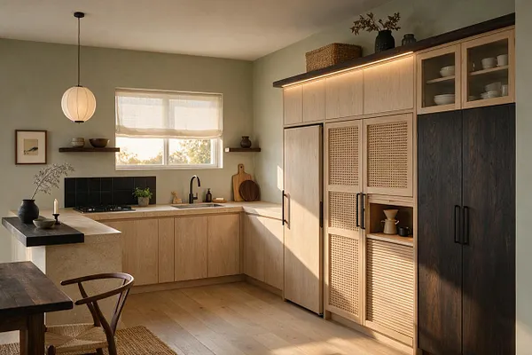 A serene Japandi-style kitchen with pale wood lower cabinets, woven rattan-front upper storage, and a dark wood pantry wall. The space includes a black faucet, matte black accents, a stone island edge, soft sage walls, and a paper pendant light by a window with a sheer shade.