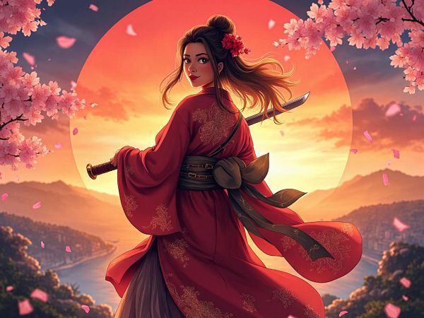A beautifully illustrated anime character stands against a vibrant sunset backdrop, surrounded by cherry blossoms.