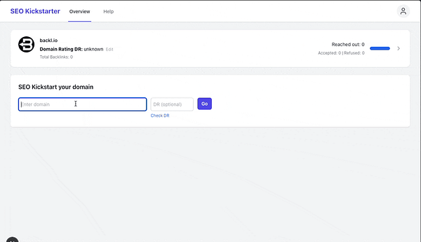 The image displays a user interface for the SEO Kickstart tool, focusing on domain rating and backlink tracking.