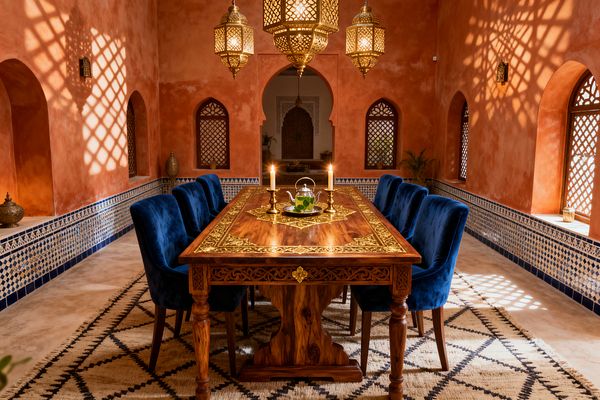 A Moroccan dining room with terracotta tadelakt walls, blue-and-white zellige tile wainscoting, and arched windows with wooden lattice screens. A carved solid-wood table with brass inlay is surrounded by deep blue velvet chairs beneath perforated brass pendant lanterns that cast patterned light across a cream Berber rug, while two candles and a teapot sit centered on the table.