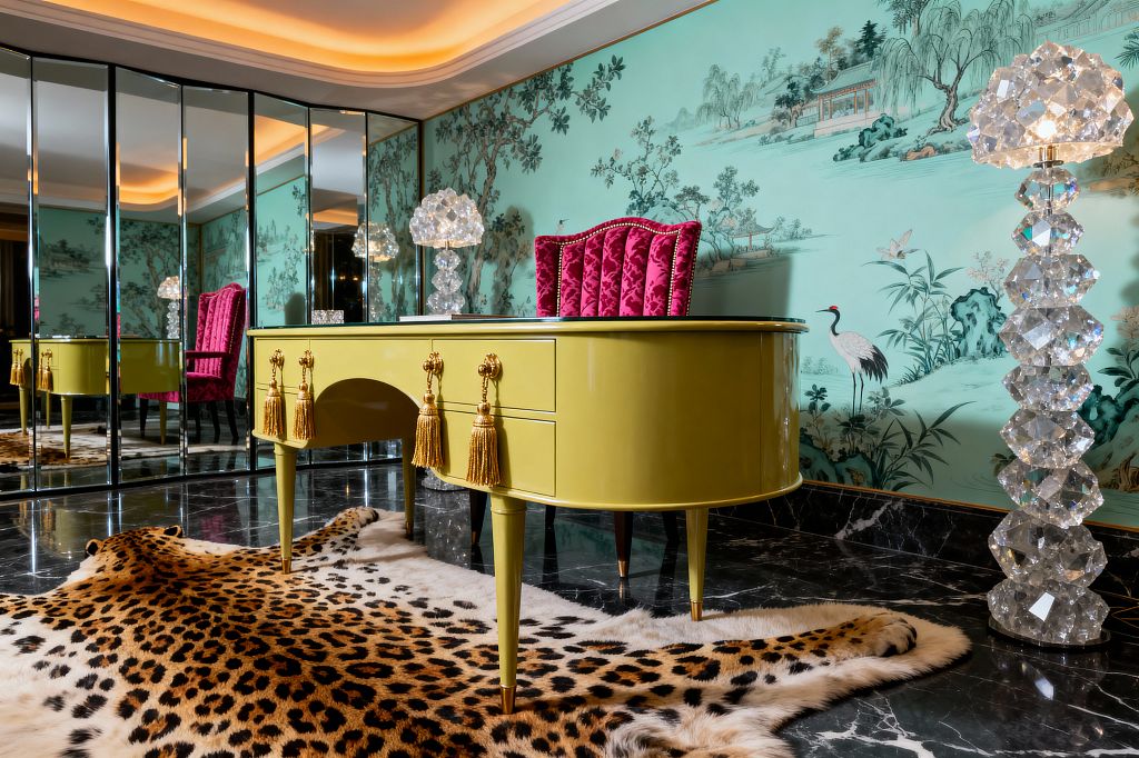 A Hollywood Regency home office features a glossy chartreuse curved desk with gold tassel pulls on black marble flooring layered with a tan-and-black leopard hide. Mirrored wall panels reflect sculptural crystal lamps and a high-back chair upholstered in magenta velvet. The walls are covered in celadon Chinoiserie wallpaper depicting cranes, trees, and a lakeside pavilion, while warm cove ceiling lighting washes the room.