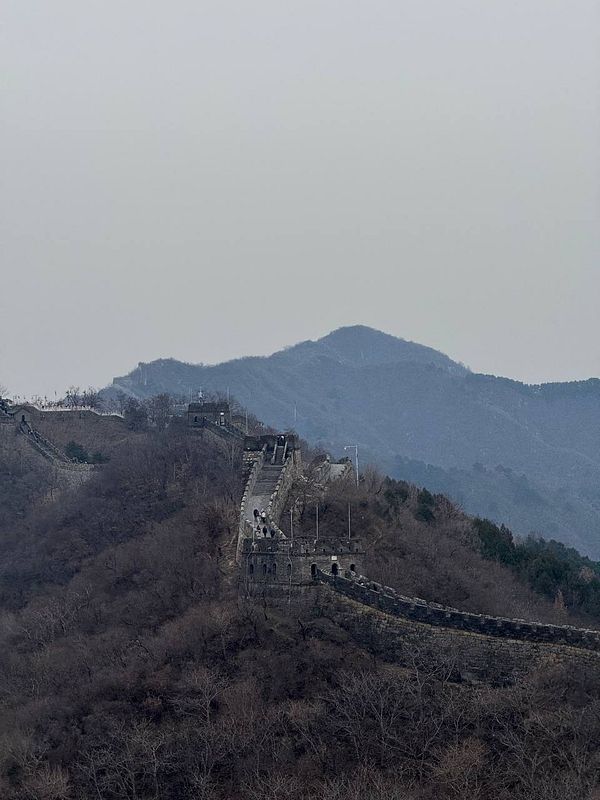 A view of the Great Wall of China winding through a mountainous landscape under a gray sky.