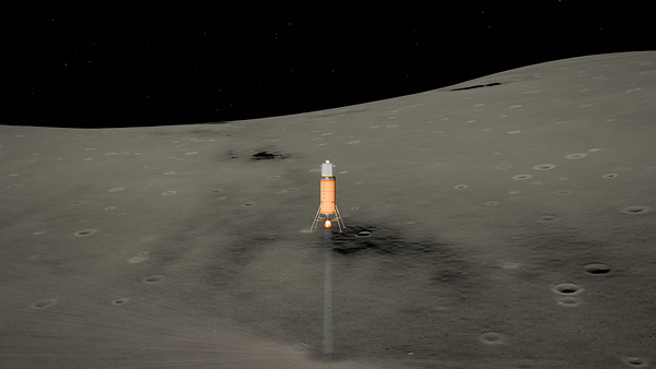 A rocket stands upright on the cratered surface of a moon-like celestial body with a starry sky above.