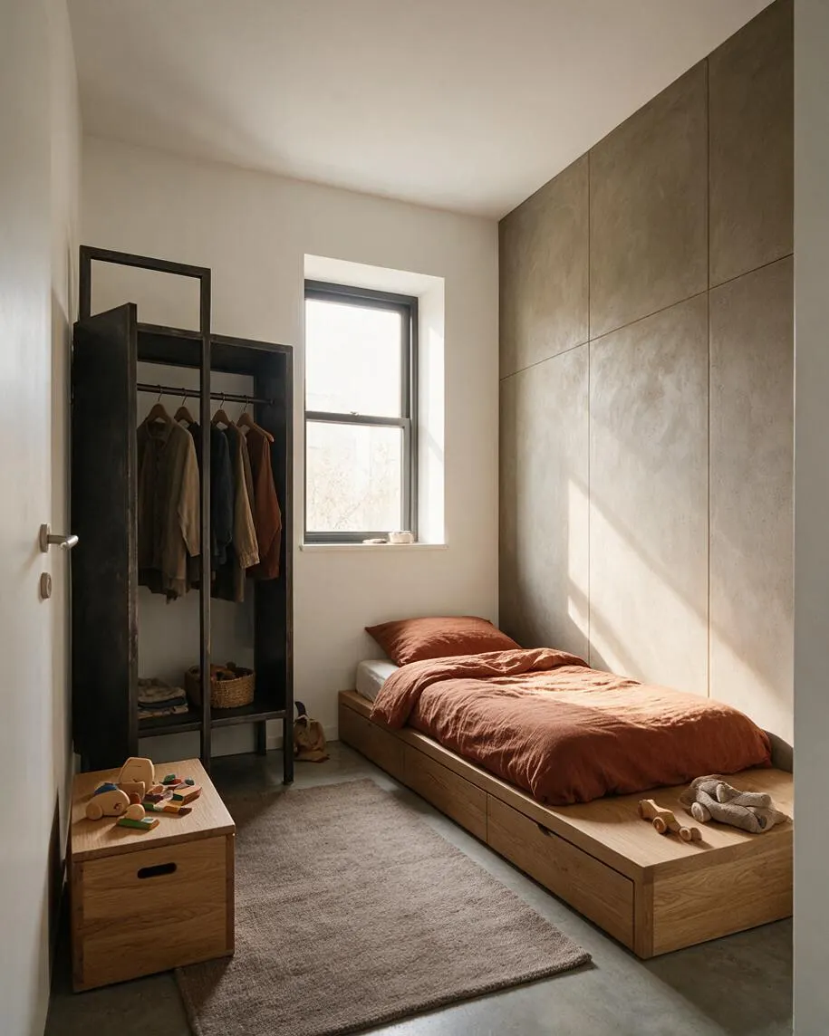 A small kids' room with a simple wooden platform bed, rust-colored bedding, and a tall black open wardrobe against a white wall. A narrow window brings in natural light, highlighting the large textured beige wall panels and a soft neutral rug on the floor.