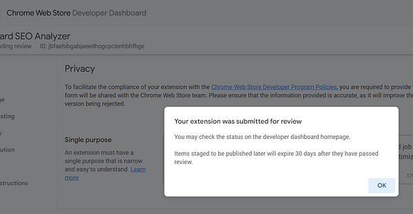 Screenshot of Chrome Web Store Developer Dashboard showing a Chrome extension submission status.