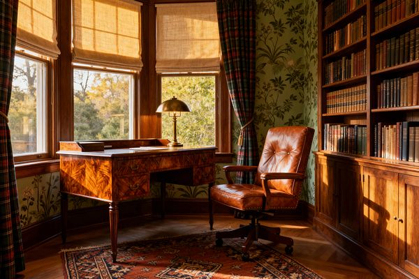 A traditional home office bathed in warm afternoon light features a flame-mahogany writing desk with brass hardware and a brass banker’s lamp, paired with a cognac leather swivel chair on an oak herringbone floor. Built-in wood bookcases, green botanical wallpaper, red-and-green tartan drapes, woven linen Roman shades, and a rust Persian-style rug frame a bay window overlooking leafy trees.