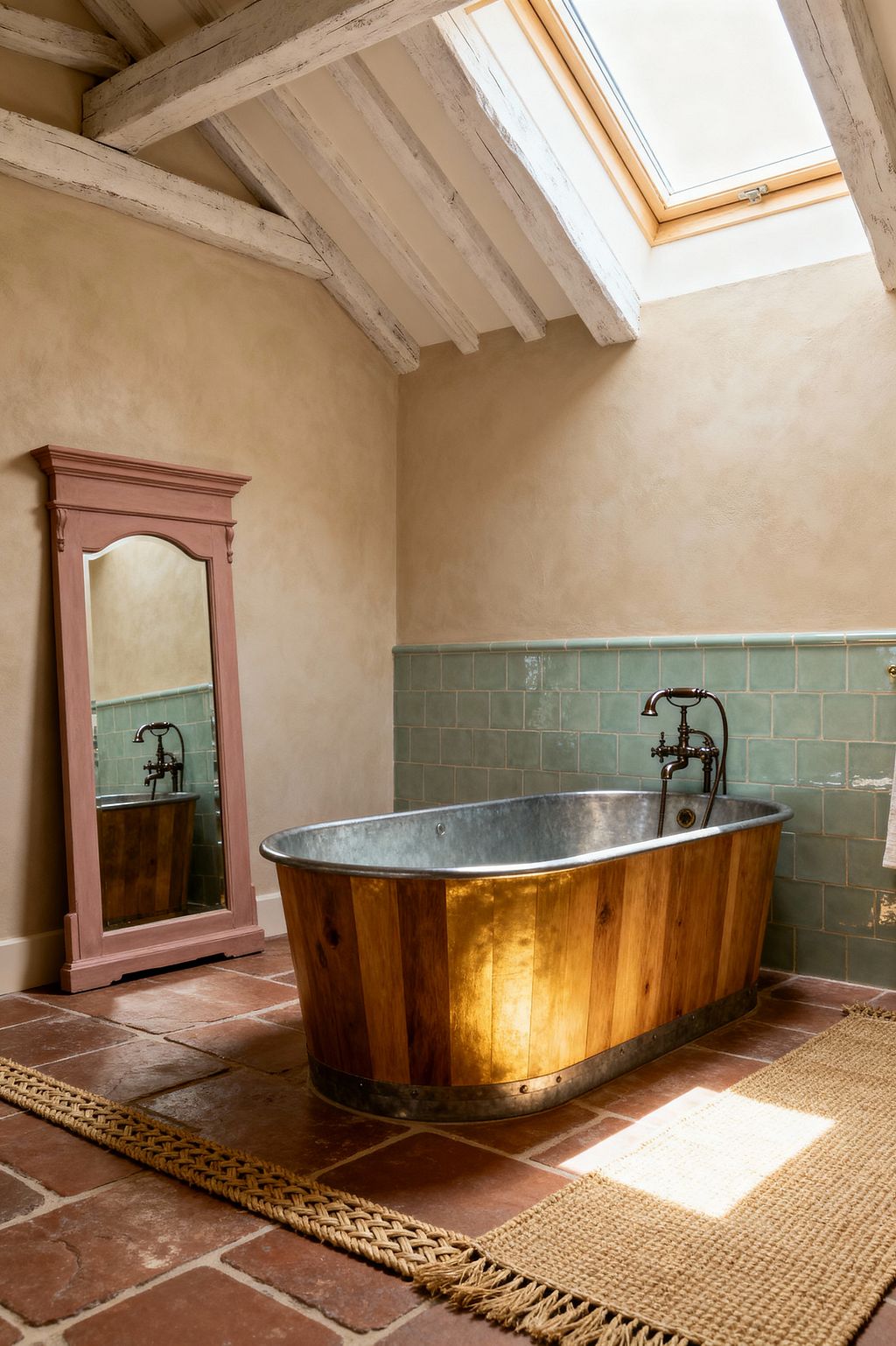 A rustic French Country bathroom under a sloped, whitewashed-beam ceiling features a skylight, lime-plaster walls, and half-height sage green square tiles. A freestanding galvanized metal tub with vertical wood cladding sits on terracotta floor pavers beside a dusty rose leaning mirror; an oil-rubbed bronze filler and a natural jute runner complete the scene, with warm sunlight pooling across the floor.