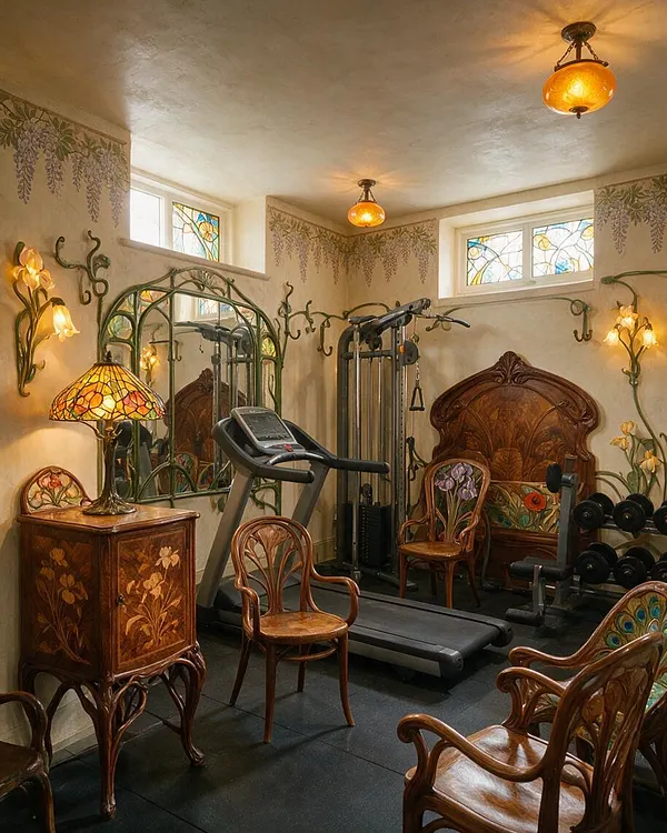 A small home gym decorated in Art Nouveau style with a treadmill, cable machine, dumbbells, and carved wooden chairs. The room features stained-glass windows, floral wall murals, amber glass pendant lights, and richly detailed wood furniture with curving botanical motifs.