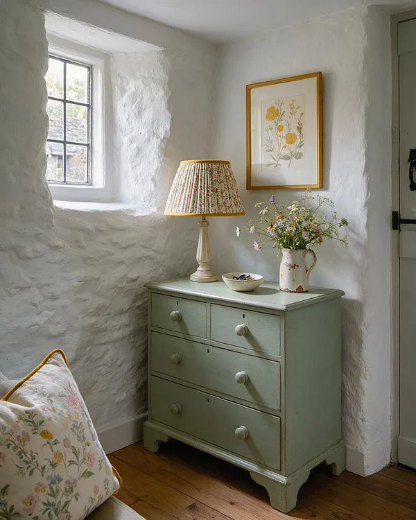 A cozy cottagecore entryway with rough white plaster walls, a small leaded window, and a pale mint green chest of drawers. The dresser is styled with a pleated floral lampshade, a framed botanical print, a ceramic jug of wildflowers, and a small bowl, while a floral cushion sits in the lower left corner.