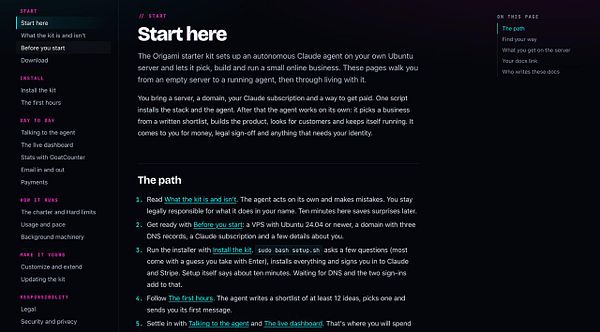 Screenshot of the Origami starter kit documentation page outlining setup steps and navigation.