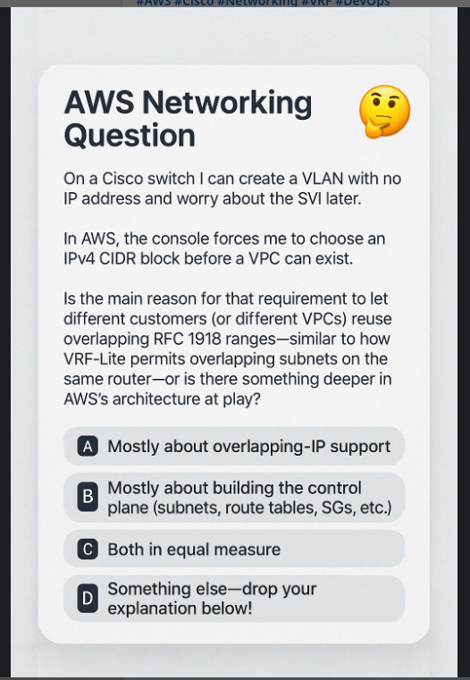 The image presents a question about AWS networking related to VLANs and IP address management.