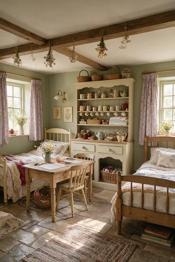 A cozy cottagecore kids' room with two wooden single beds, a small rustic table and chairs, and a cream hutch filled with cups, baskets, and folded linens. Soft lavender floral curtains frame the windows, dried flowers hang from exposed wooden ceiling beams, and a stone floor is layered with woven rugs.