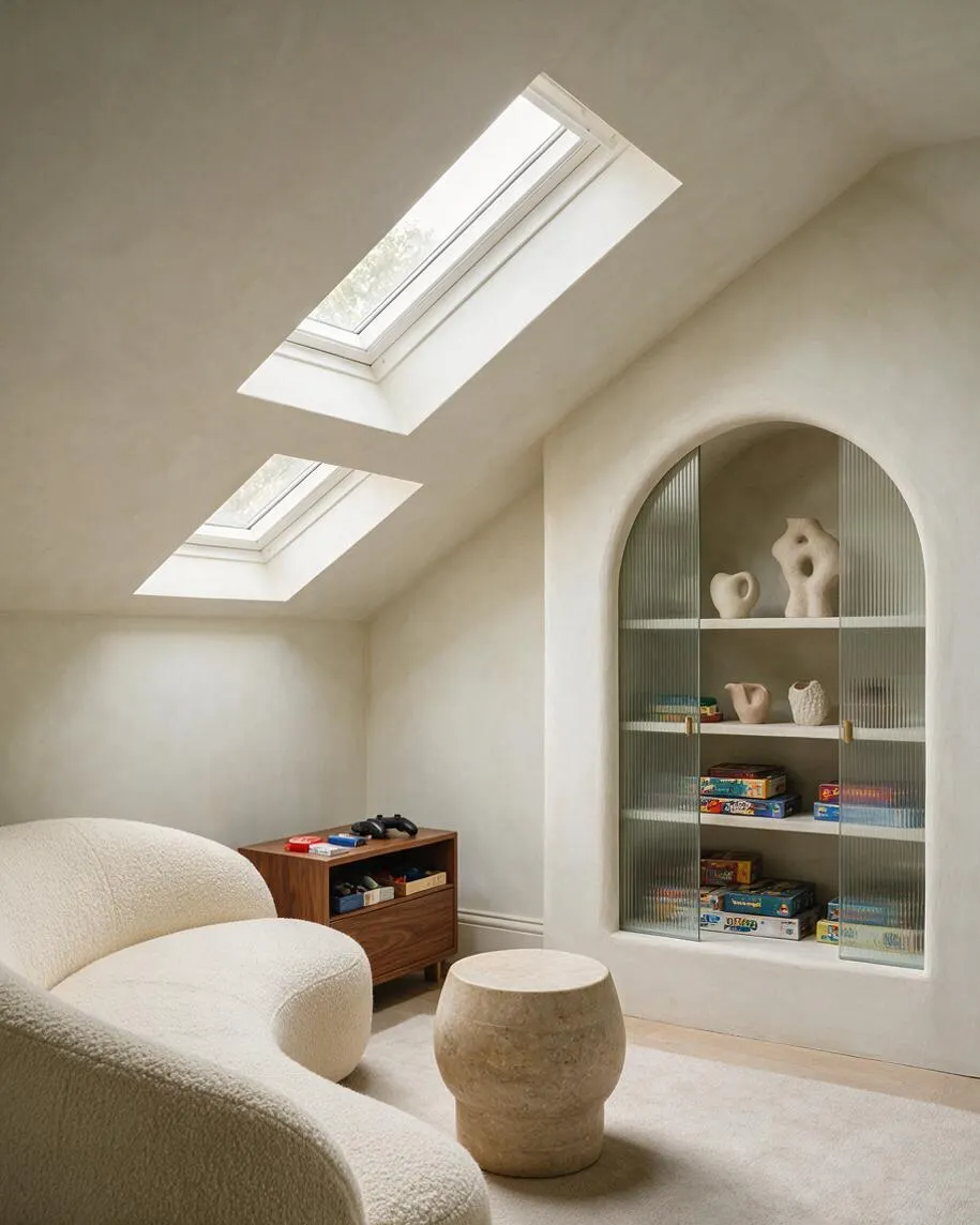 A modern game room with a cream bouclé sofa, a small wood storage cabinet holding game accessories, and a rounded stone stool on a light rug. Two skylights bring natural light into the soft beige room, while a recessed arched niche with ribbed glass doors displays board games and sculptural decor.
