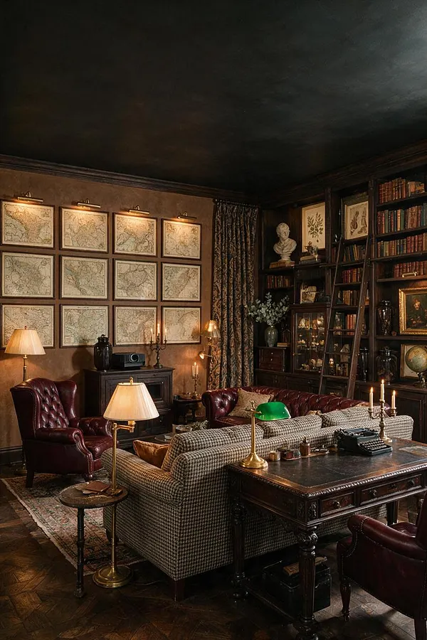 A dark academia media room with deep brown walls and a nearly black ceiling, filled with leather club chairs, a plaid sofa, and an ornate carved desk. Framed vintage maps cover one wall, while tall built-in bookshelves, a rolling ladder, candles, table lamps, and classic decor create a scholarly, atmospheric lounge.