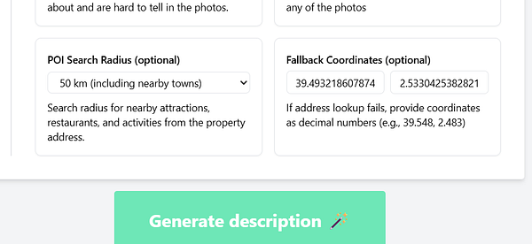 Screenshot of an interface demonstrating a property description with Point of Interest information integrated using Google Places API.