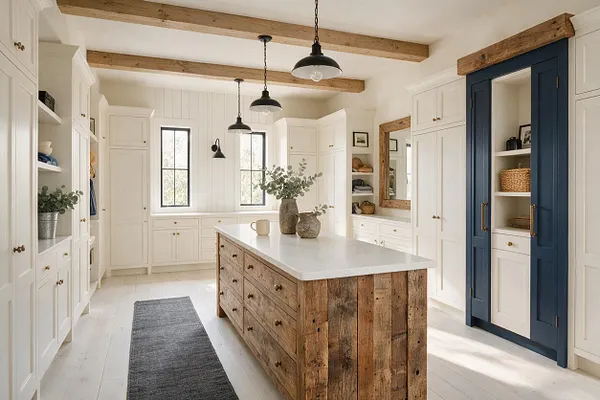 A spacious farmhouse-style closet with white built-in cabinets, brass hardware, and rustic wood ceiling beams. A reclaimed wood island with a white countertop sits in the center, while a navy blue glass-front cabinet adds contrast on the right side.