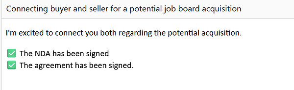 The image displays a task interface related to a potential job board acquisition.