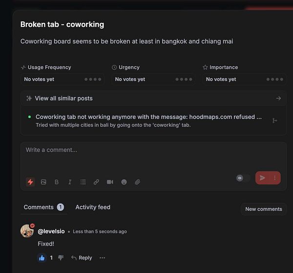 Screenshot of the Hoodmaps website map showing coworking spaces categorized by colors and user status labels.