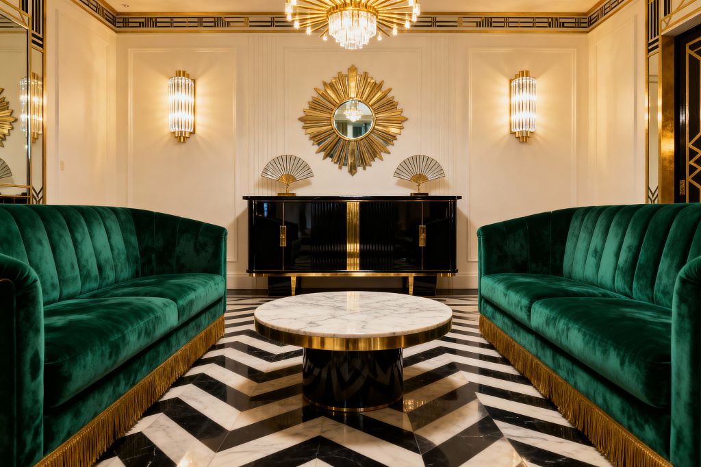 A symmetrical Art Deco living room features two emerald green velvet, channel-tufted sofas facing a round white marble coffee table with a brass rim and glossy black base. A black lacquered credenza with gold accents sits beneath a gold sunburst mirror, flanked by ribbed-glass brass sconces and fan sculptures; black-and-white chevron marble flooring, cream paneled walls, mirrored details, and a crystal-and-brass chandelier complete the glamorous scene.